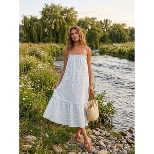 By the River Blue Floral Midi Dress Small White Tiered Smocked Ruffle
